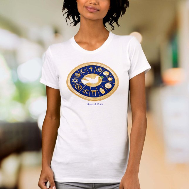 Taube T-Shirt (Dove of Peace T-Shirt
Customize with your text. Gold icons of world faiths around the Dove of Peace.)