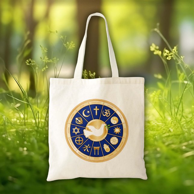 Taube Tragetasche (Dove of Peace Tote Bag.
Inspirational art. Gold icons of world faiths surround the Dove of Peace.)