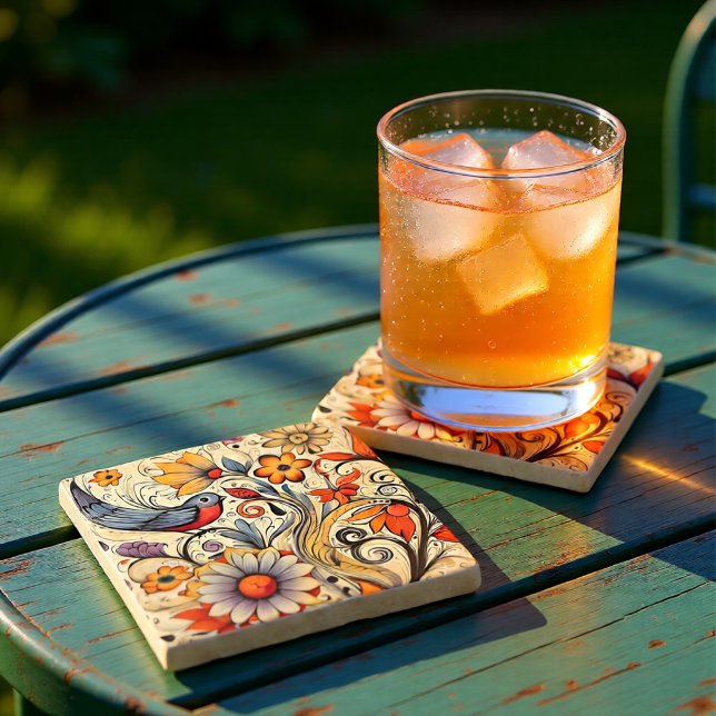 Taube und Blumendesign Steinuntersetzer (Vintage Cream & Orange Floral Bird Cottagecore Stone Coaster)