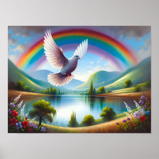 Taube unter einem Regenbogen Poster (Vorne)