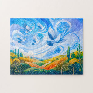 Tauben, die im Wind über einen Hang am Stadtrand g Puzzle