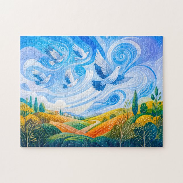 Tauben, die im Wind über einen Hang am Stadtrand g Puzzle (Horizontal)