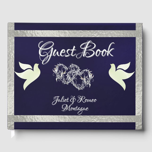 Tauben, Herz und Band - Navy Blue/Silver Gästebuch (Vorderseite)