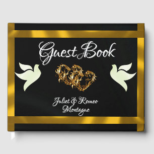 Tauben, Herz und Band - Schwarz/Gold Gästebuch