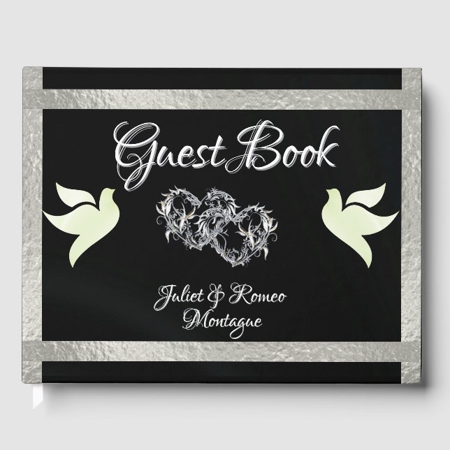 Tauben, Herz und Band - schwarz/silber Gästebuch (Vorderseite)