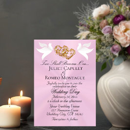 Tauben, Herzen, QR Code - Pastell Rosa/Gold Einladung
