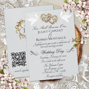 Tauben, Herzen, QR-Code - Silber Perle/Gold Einladung