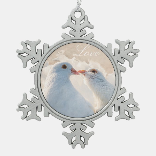 Tauben küssen - Liebe Schneeflocken Zinn-Ornament (Vorderseite)