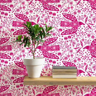 Tauben und Blume Magenta Rosa und Weiße Vogelkunst Tapete