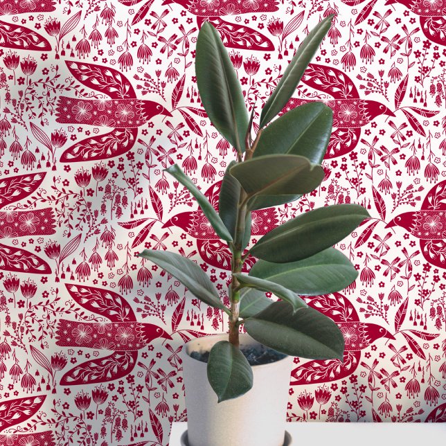 Tauben und Blume Rote und Weiße Vogelkunst Tapete (Doves and flowers bird art peel and stick wallpaper)