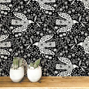 Tauben und Blume Weiß auf Black Bird Art Tapete