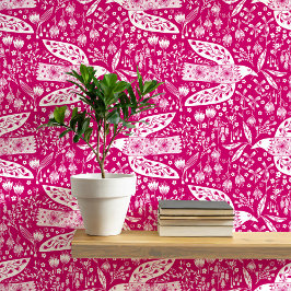 Tauben und Blume Weiß auf rosa Vogelkunst Tapete