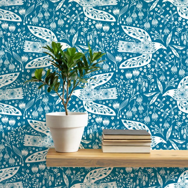 Tauben und Blume Weiß über Aquamarine Vogelkunst Tapete (Doves and Flowers pretty folk art style bird and botanical floral pattern peel and stick wallpaper)