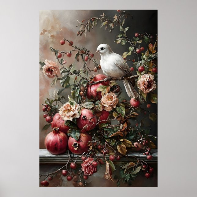 Tauben- und Granatapfel-Kunstposter, dunkles Cotta Poster (Vorne)
