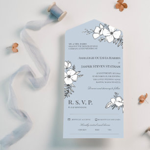 Taubenblaue und weiße hübsche Blumen Hochzeit All In One Einladung