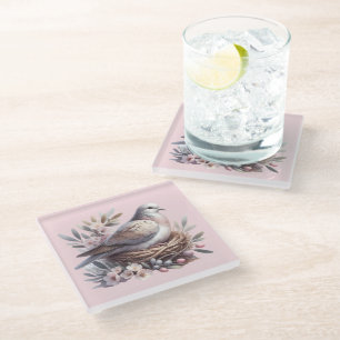 Taubennest in Rosa mit Blumen und Olivenzweigen Glasuntersetzer