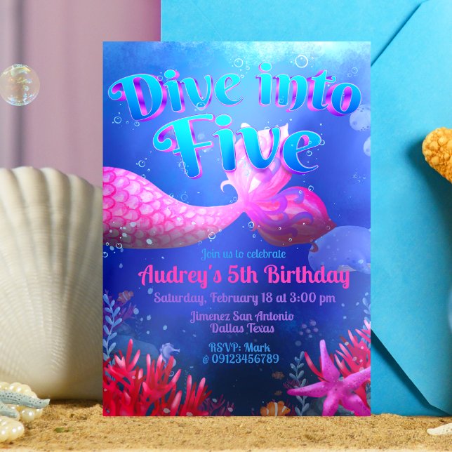 Tauchen in fünf - Meerjungfrau Einladung (Dive into Five - Girl Mermaid 5th Birthday Invitation)