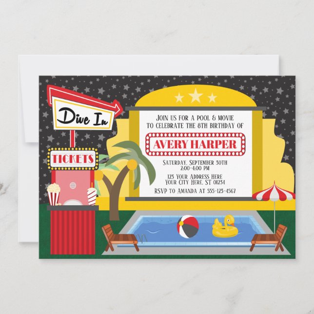 Tauchen in Pool & Film zum Geburtstag Einladung (Vorderseite)