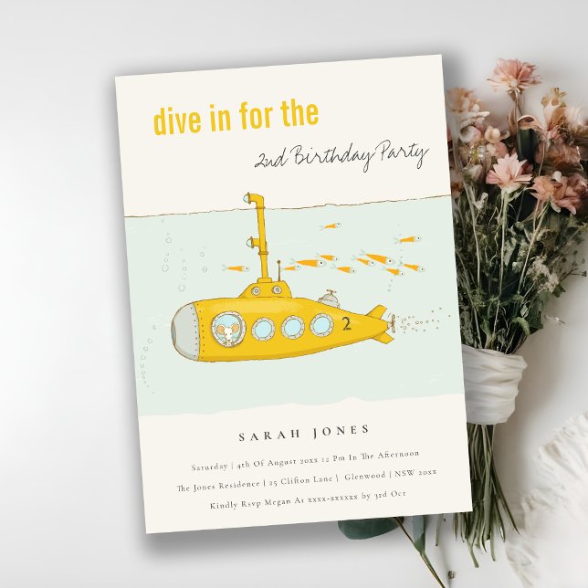 Tauchen in Unterseeboot Gelb jedes Alter Geburtsta Einladung (Von Creator hochgeladen)