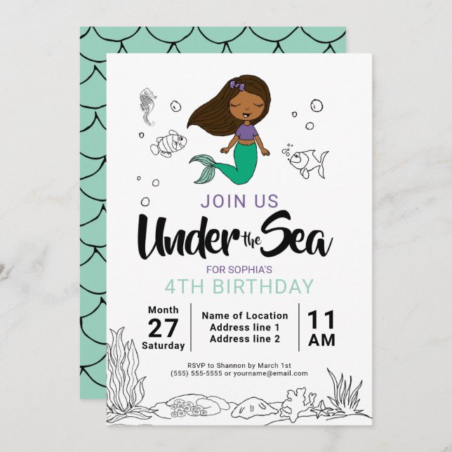 Tauchen Sie ein! Black Mermaid Geburtstagsparty Ei Einladung (Vorne/Hinten)