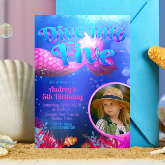 Tauchen Sie in fünf - Meerjungfrau mit Foto Einladung