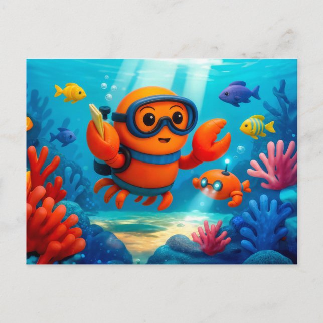 Tauchende Krabbe erkundet farbenfrohe Unterwasserk Postkarte (Vorderseite)