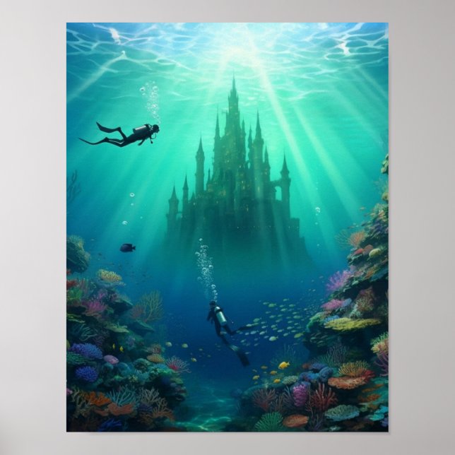 Taucher entdecken ein verlassenes Schloss Poster (Vorne)