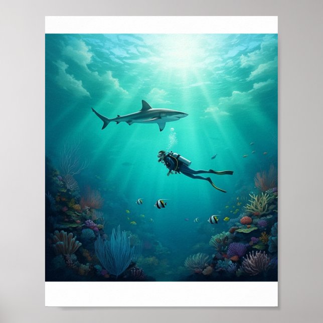 Taucher trifft Haifisch Poster (Vorne)