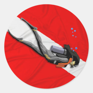 Taucher und geknitterte Tauchen-Flagge Runder Aufkleber
