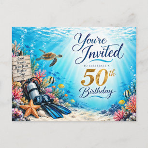 Tauchertaufe zum 50. Geburtstag - Unterwasser-Einl Einladungspostkarte