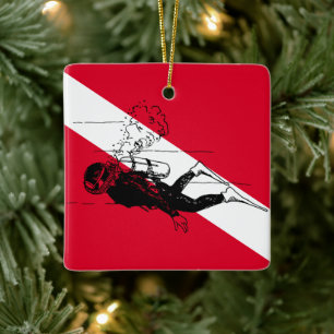 Tauchflagge mit Retro-Taucher-Illustration Keramikornament
