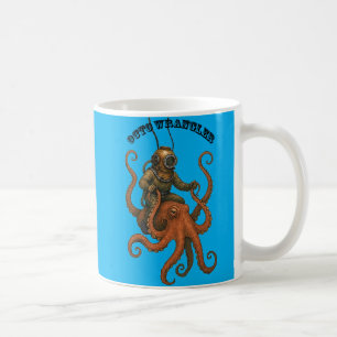 Tauchhelm-Taucher auf einem riesigen Oktopus reite Kaffeetasse