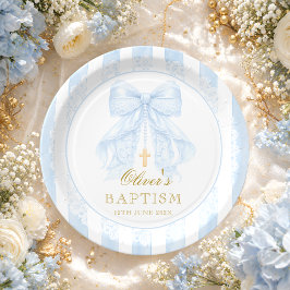 Tauf Blaues Schleifen Baby Junge Pappteller