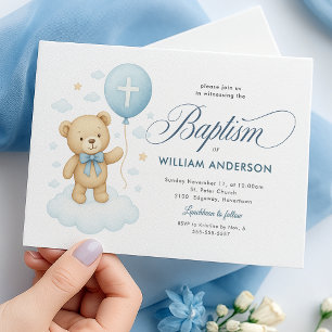 Tauf Einladung Blau Teddybär für Jungen Kreuz