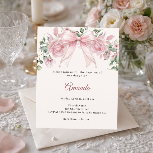 Tauf Einladung Bow Pink Elfenbein Blumen Mädchen E (Von Creator hochgeladen)