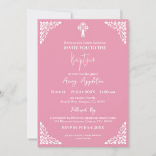 Tauf-Einladung Florales Kreuz Rose Pink Einladung