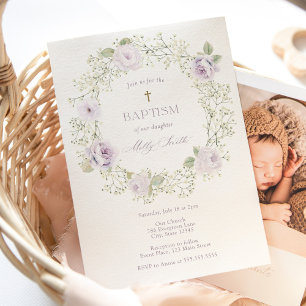 Tauf-Einladung mit Baby's Breath und violetten Ros Einladung