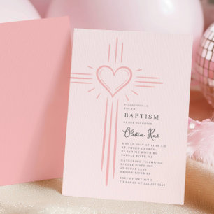 Tauf-Einladung mit rosa Herz Kreuz Einladung
