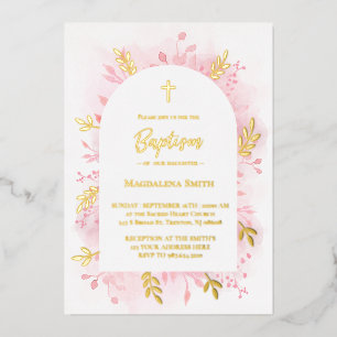 Tauf-Einladung mit rosa Wasserfarbe und Goldfolie Folieneinladung