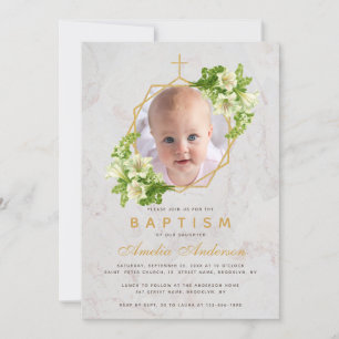 Tauf-Foto Blumen geometrisch Weiße Lilien Marmor Einladung