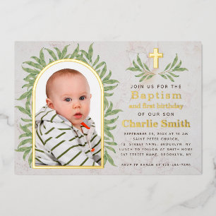 Tauf-Foto Erster Geburtstag Grün Gold Bogen Folieneinladung