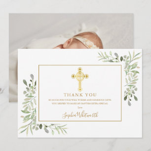 Tauf-Foto mit Grünpflanzen und goldenem Kreuz Dankeskarte