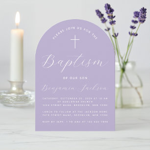 Tauf-Lavendel-Bogen-Kreuz & Schrift Modern Lila Einladung