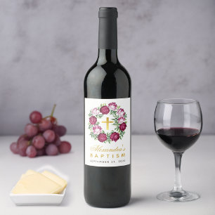 Tauf Mädchen Rosa Burgunderrot Floraler Kranz Faux Weinetikett