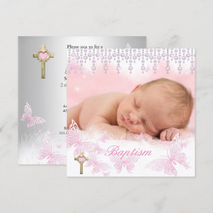 Tauf Mädchen Rosa Silber Schmetterling Kreuz Einladung