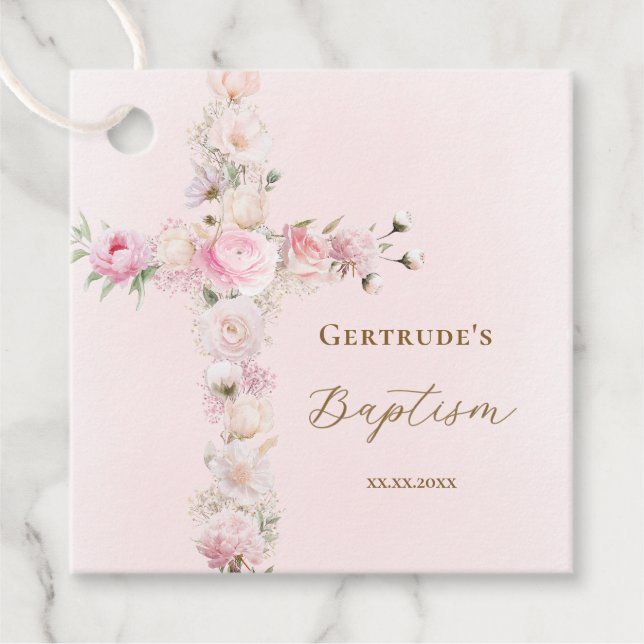 Tauf rosa Blumenkreuz  Geschenkanhänger (Vorderseite)