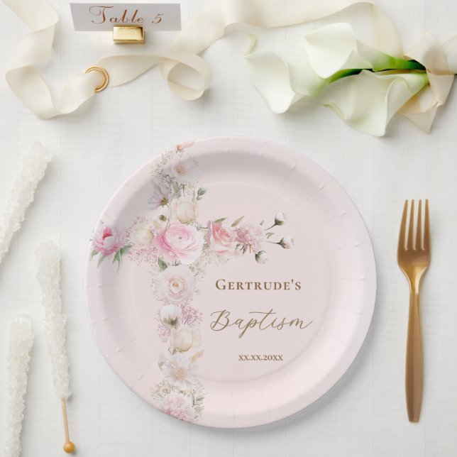 Tauf rosa Blumenkreuz  Pappteller (Hochzeit)