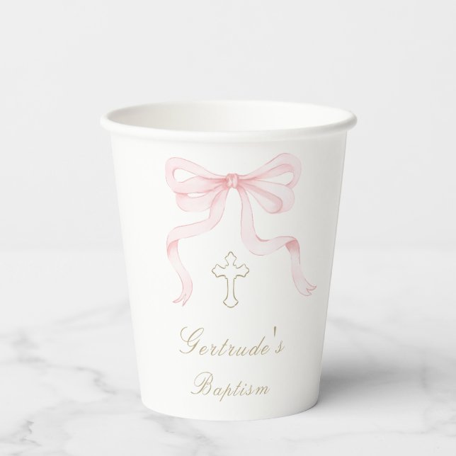 Tauf rosa Schleife Baby Mädchen  Pappbecher (Rückseite)
