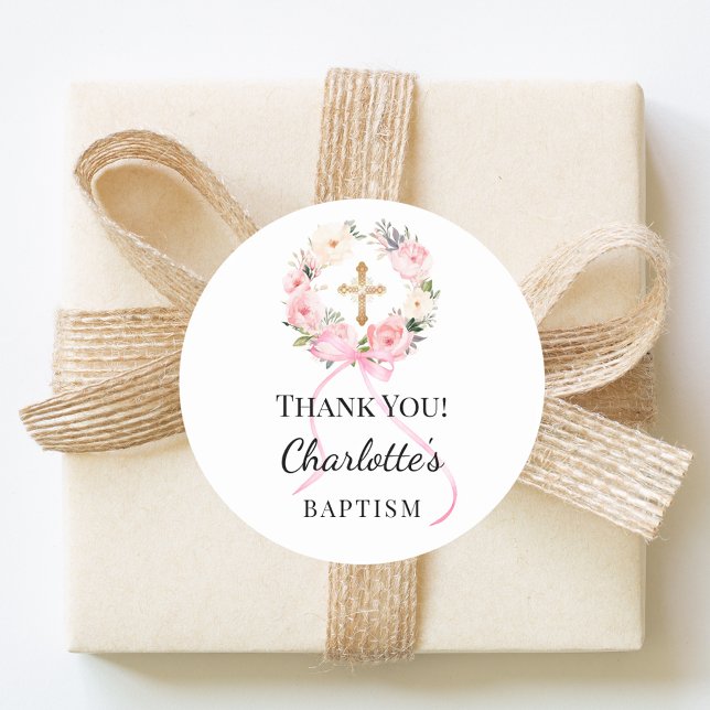 Tauf-Rosafarbenes Mädchen-Blumen-Kranz-Kreuz-Danke Runder Aufkleber (Von Creator hochgeladen)
