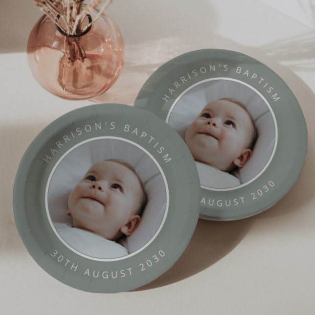 Tauf-Rund-Foto Salbei Pappteller (Zazzle Baptism Round Photo Sage Paper Plates)